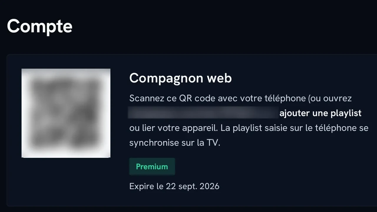 Réglages ALMA, page Compte : carte Compagnon web avec QR code, mention Premium et date d'expiration.
