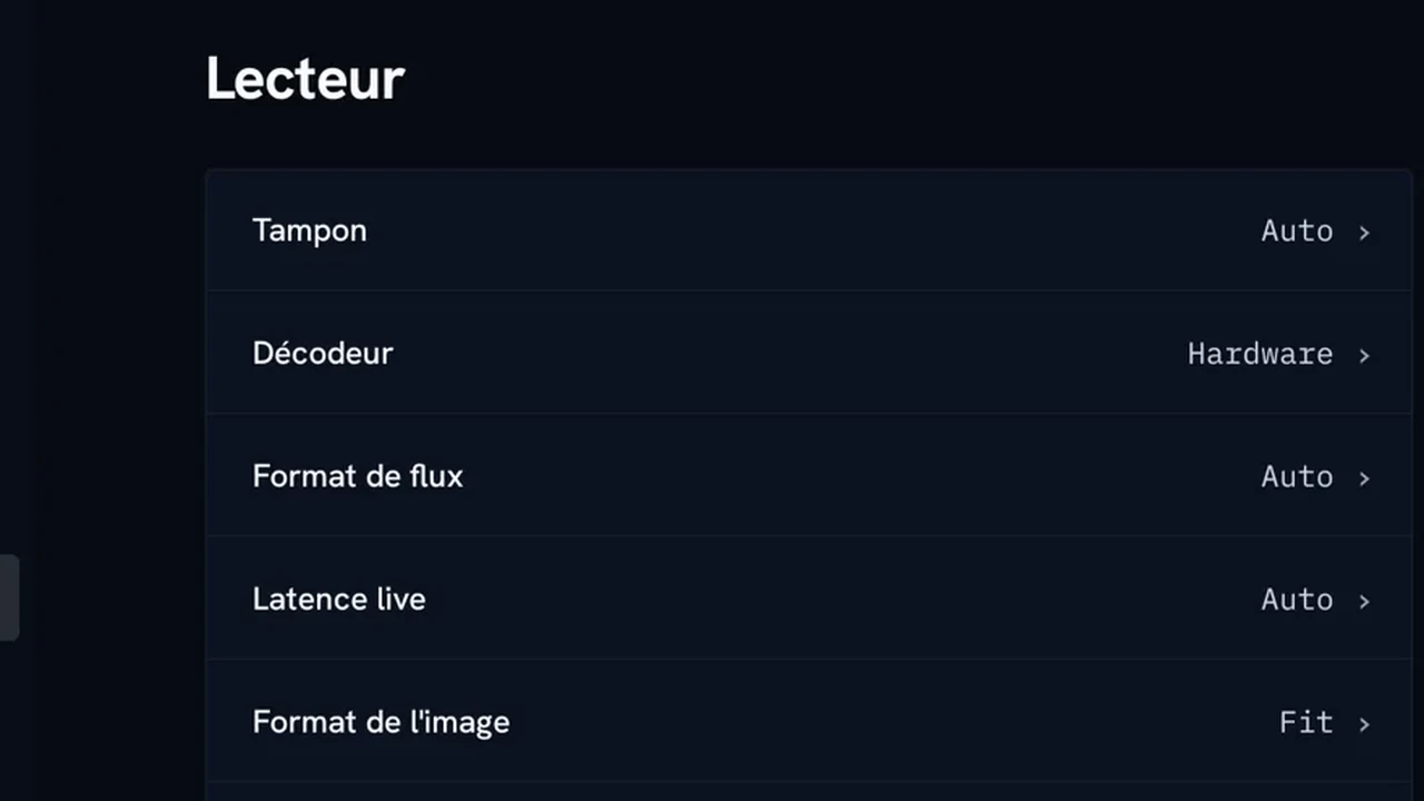 Réglages ALMA, page Lecteur : Tampon Auto, Décodeur Hardware, Format de flux Auto, Latence live Auto.